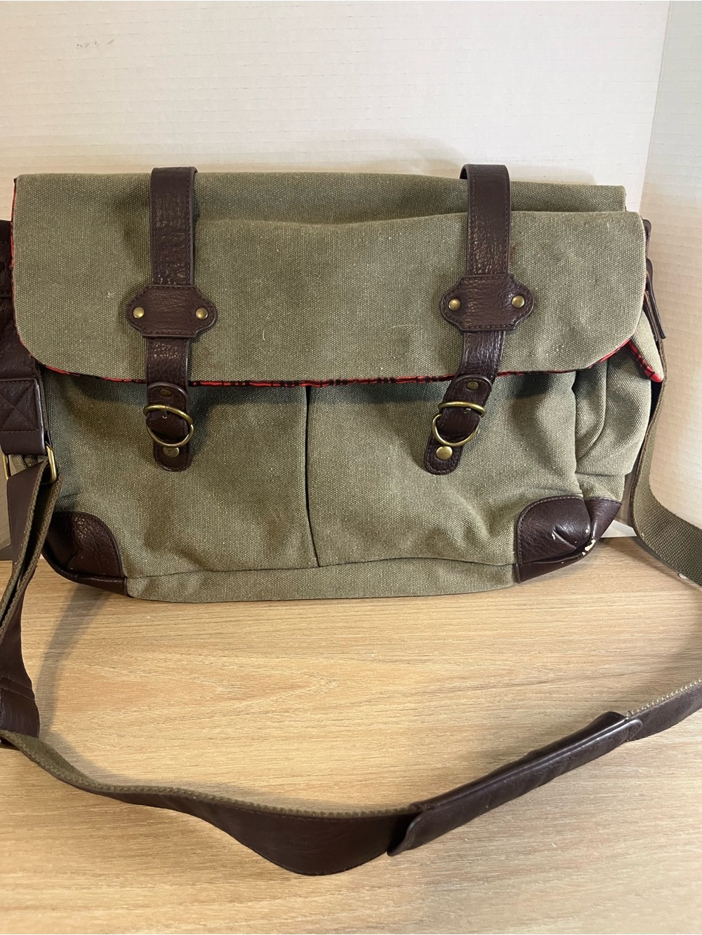 Olive Canvas Messenger Bag with Dark Brown Leather Accents